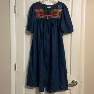 Go Softly Patio Denim Embroidered Robe, Zip Up Mumu House Dress, Sz Small